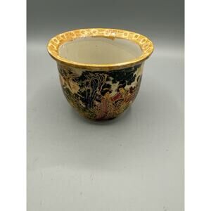 Vintage Japanese Satsuma Style Planter Cachepot Gold Rim Geisha Scene 5”